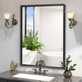 36X24Inch Black Rectangular Bathroom Mirror Square Angle Metal Frame Wall Mounted Hanging Plates Wall Mount Mirror For Bathroom Horizontal & Vertical Black Luxury Glass Aluminium Alloy