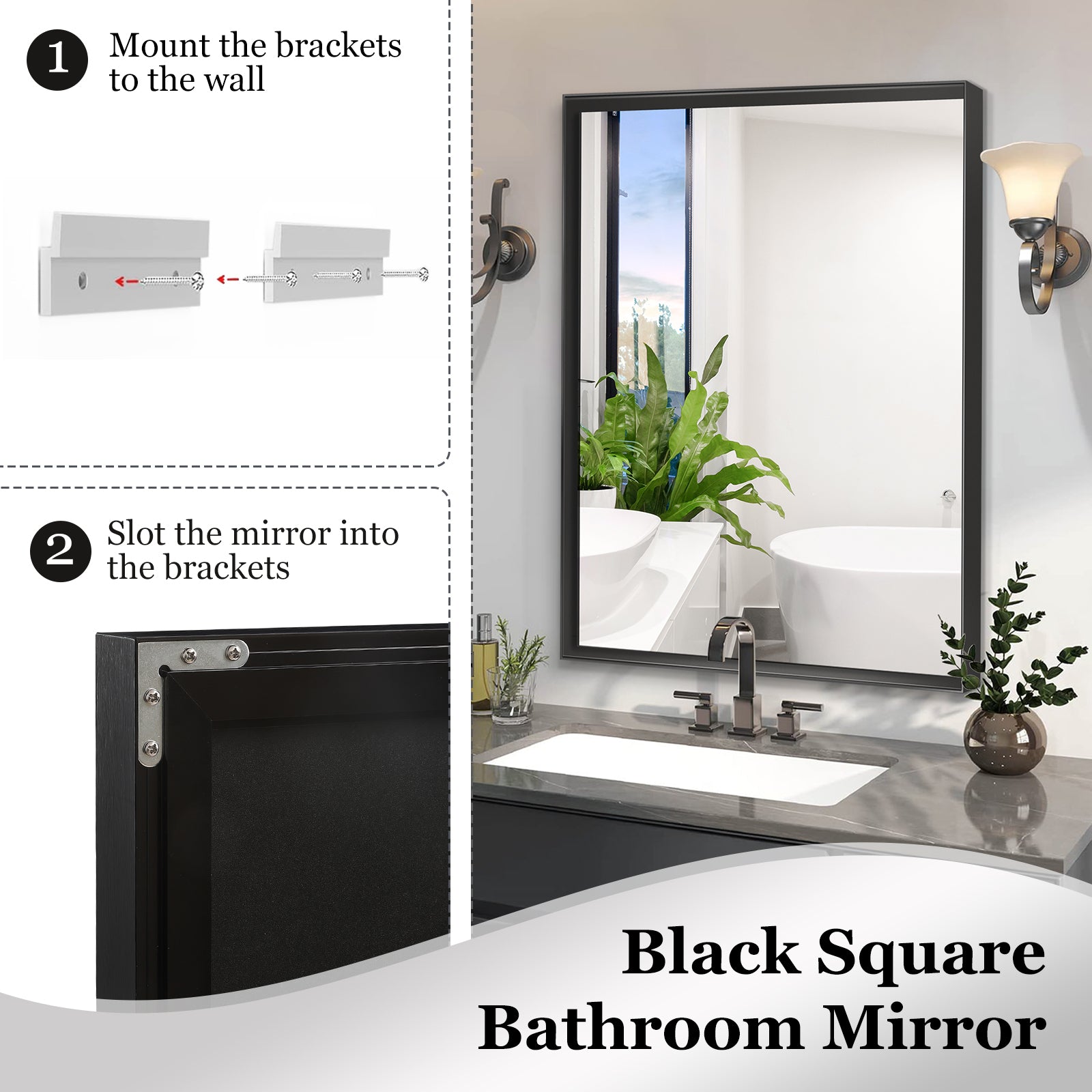 40X30Inch Glossy Black Bathroom Mirrors For Wall Rectangle Vanity Mirror Corner Hangs Farmhouse Mirror Modern Metal Framed Rectangular Mirror, Decorative Square Corner Mirror Horizontal & Vertical Black Minimalist,Modern Glass Aluminium Alloy