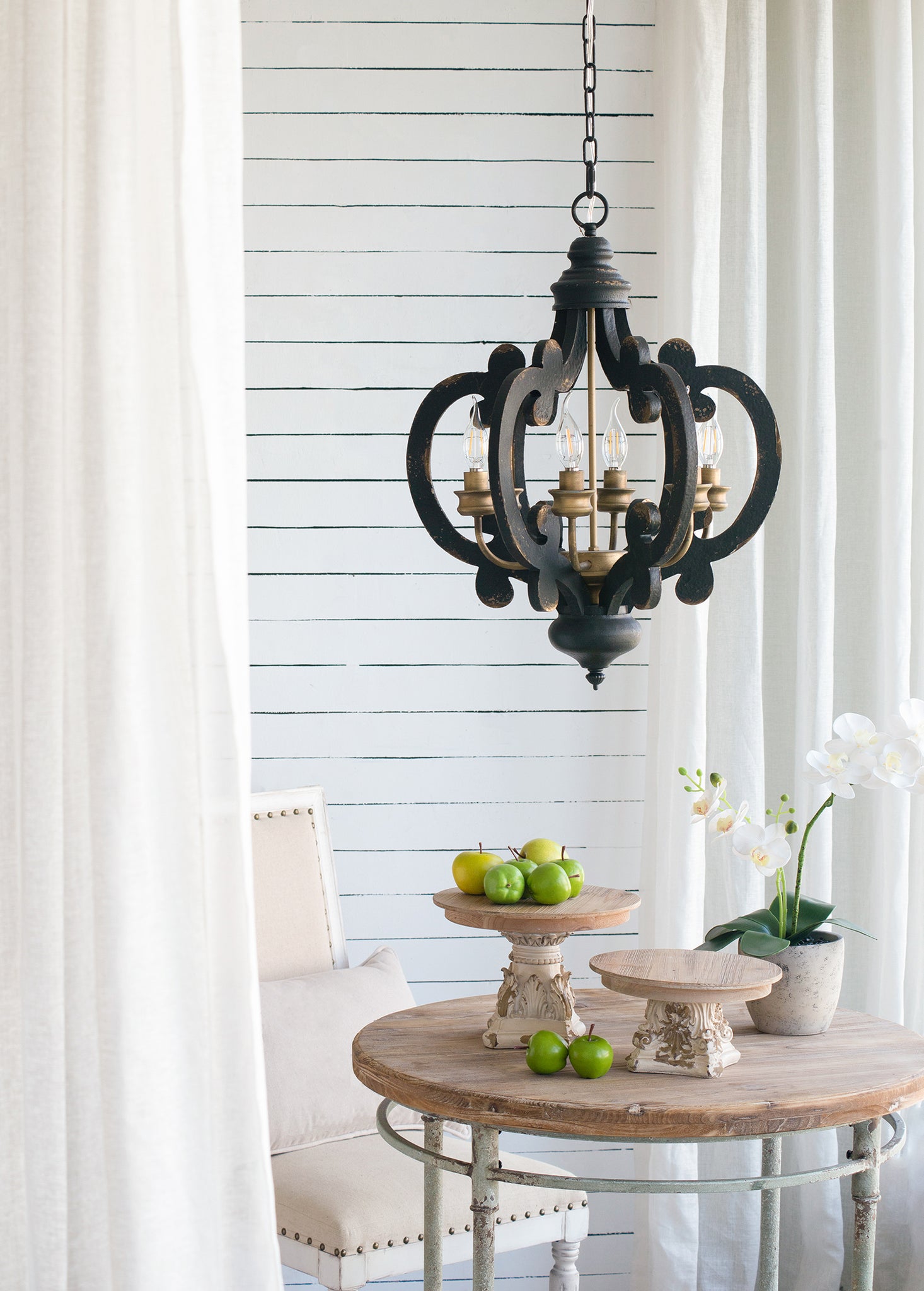 French Country Wood Chandelier, 6 Light Farmhouse black-mdf+metal