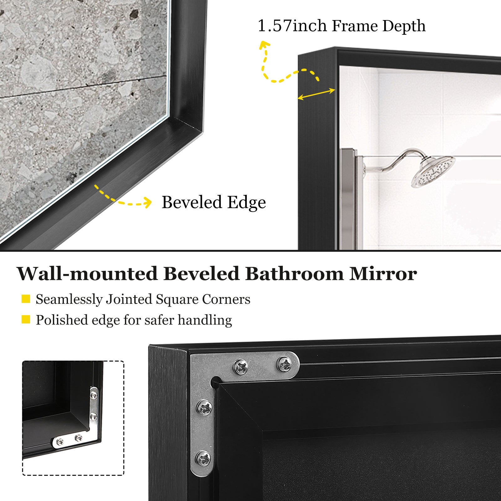 36X24Inch Black Rectangular Bathroom Mirror Square Angle Metal Frame Wall Mounted Hanging Plates Wall Mount Mirror For Bathroom Horizontal & Vertical Black Luxury Glass Aluminium Alloy