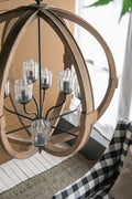 9 Light Globe Chandelier, Wood Chandelier Hanging Light Fixture With Adjustable Chain For Kitchen Dining Room Foyer Entryway, Bulb Not Included Brown Wood