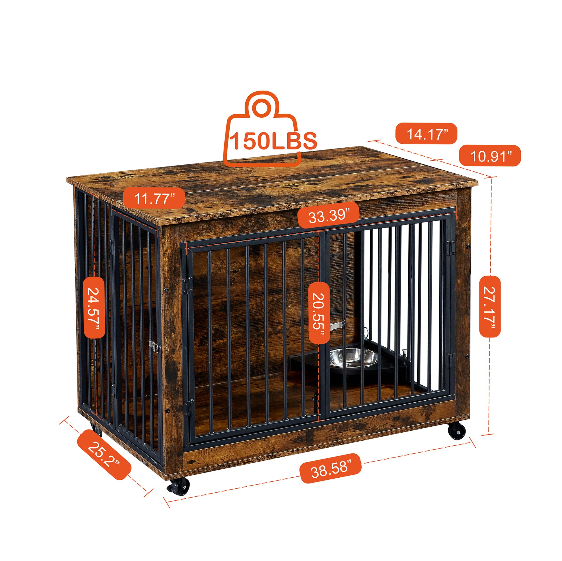 Furniture Style Dog Crate Side Table With Rotatable Feeding Bowl, Wheels, Three Doors, Flip Up Top Opening. Indoor, Rustic Brown, 38.58"W X 25.2"D X 27.17"H Rustic Brown Particle Board