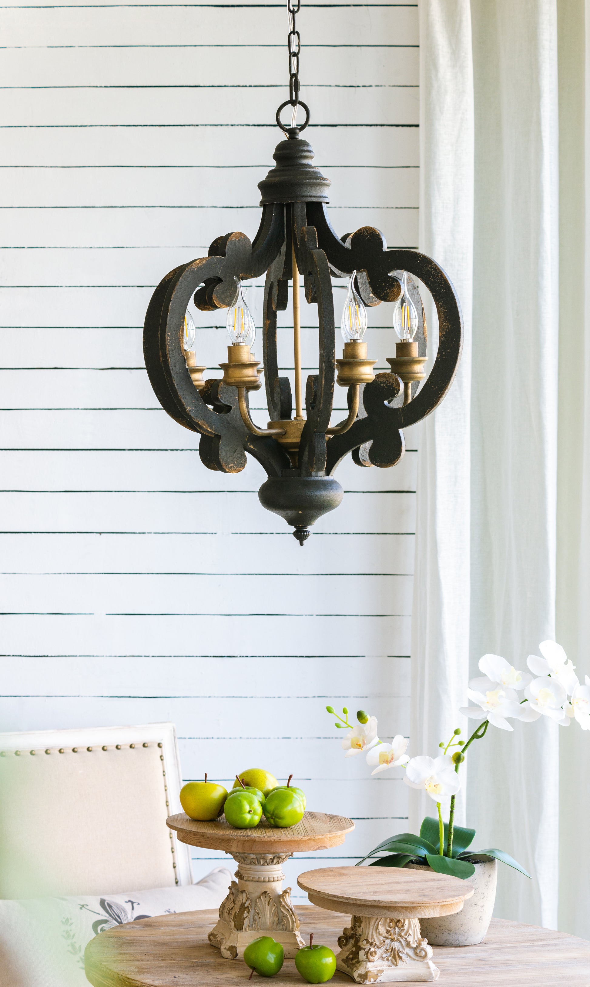 French Country Wood Chandelier, 6 Light Farmhouse Pendant Light Fixture With 28" Adjustable Chain For Kitchen Foyer Hallway, Bulb Not Included Black Mdf Metal