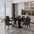 1 Table And 6 Black Chairs. The Table Features A Black Imitation Marble Pattern Desktop And Black Gold Mdf Legs. Pair With 6 Black Pu Chairs. F Sq C 007 Black Gold Mdf Glass