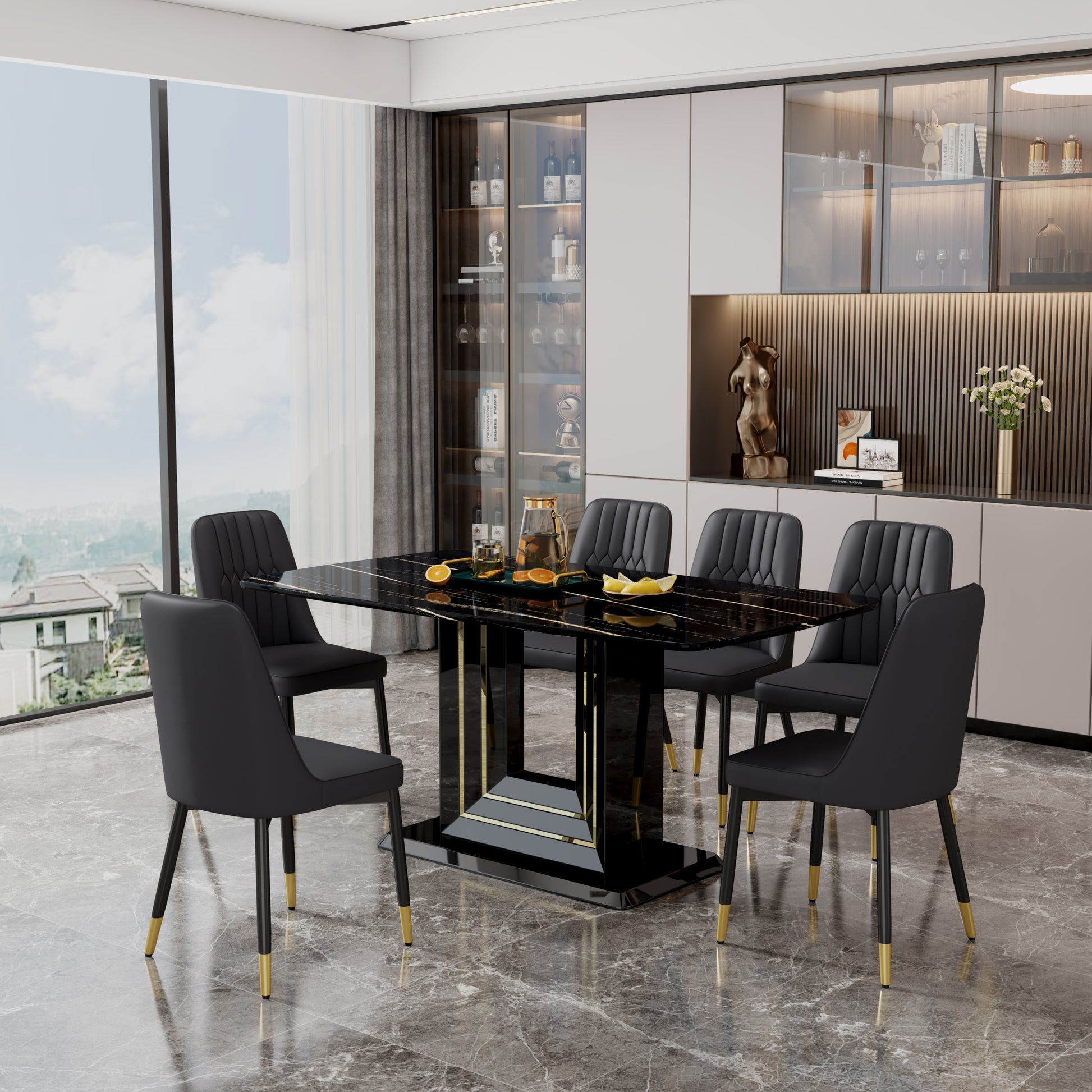 1 Table And 6 Black Chairs. The Table Features A Black Imitation Marble Pattern Desktop And Black Gold Mdf Legs. Pair With 6 Black Pu Chairs. F Sq C 007 Black Gold Mdf Glass