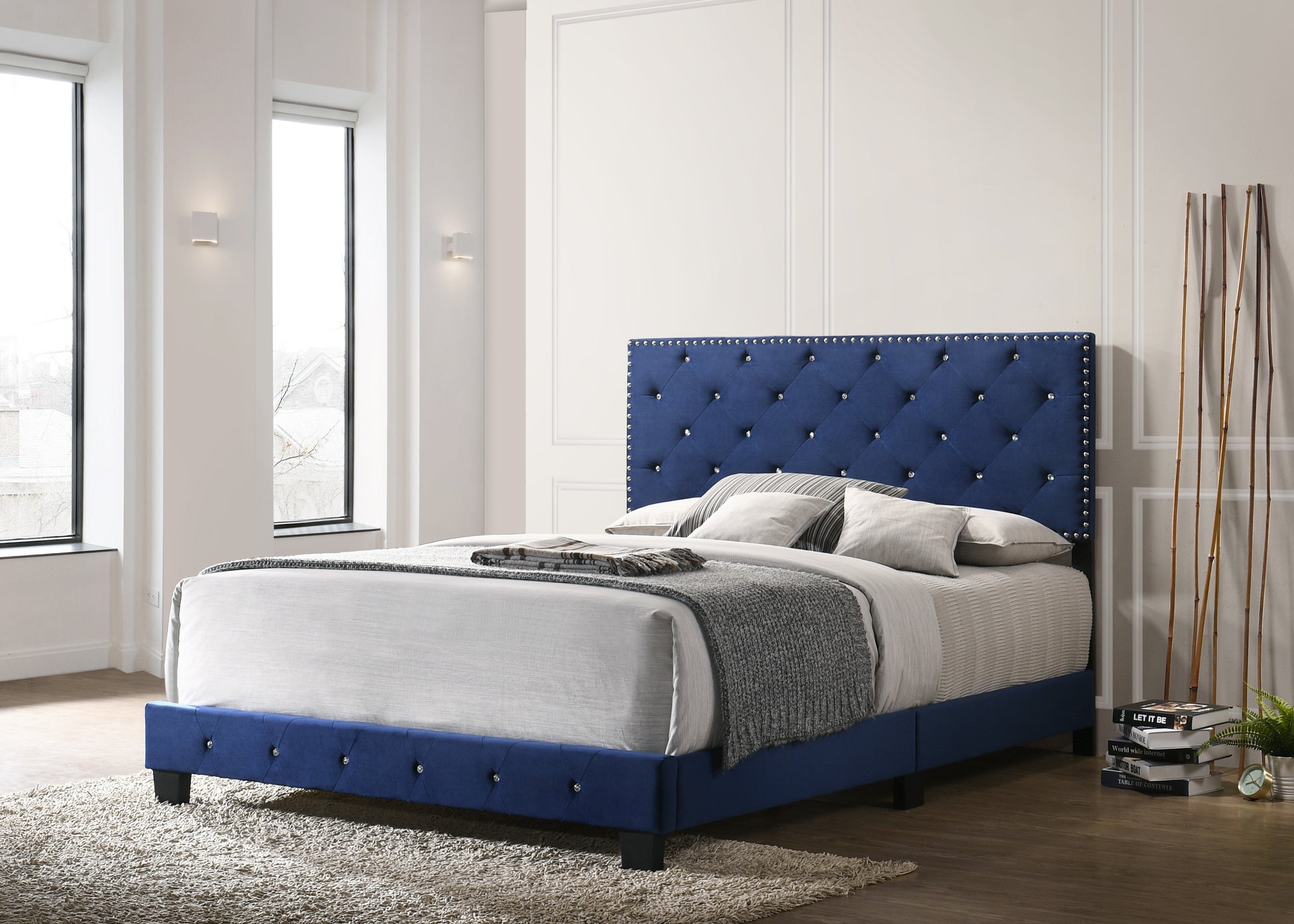Elegant Transitional Navy Blue King Bed Navy Blue Foam Velvet