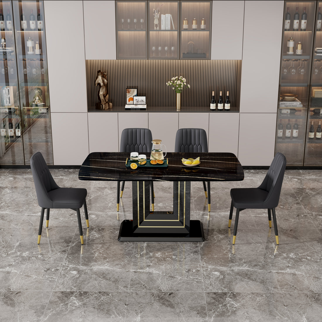 1 Table And 4 Black Chairs. The Table Features A Black Imitation Marble Pattern Desktop And Black Gold Mdf Legs. Pair With 4 Black Pu Chairs. F Sq C 007 Black Gold Mdf Glass