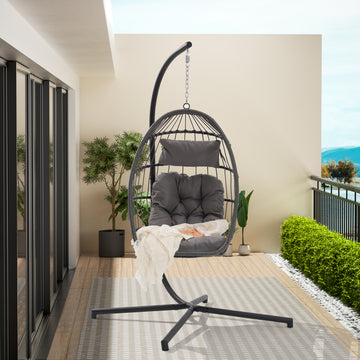 Outdoor Garden Rattan Egg Swing Chair Hanging Chair Light Gray Cushion Yes Complete Patio Set Light Gray Rust Resistant Frame Water Resistant Cushion Garden & Outdoor American Design Complete Patio Sets Rattan