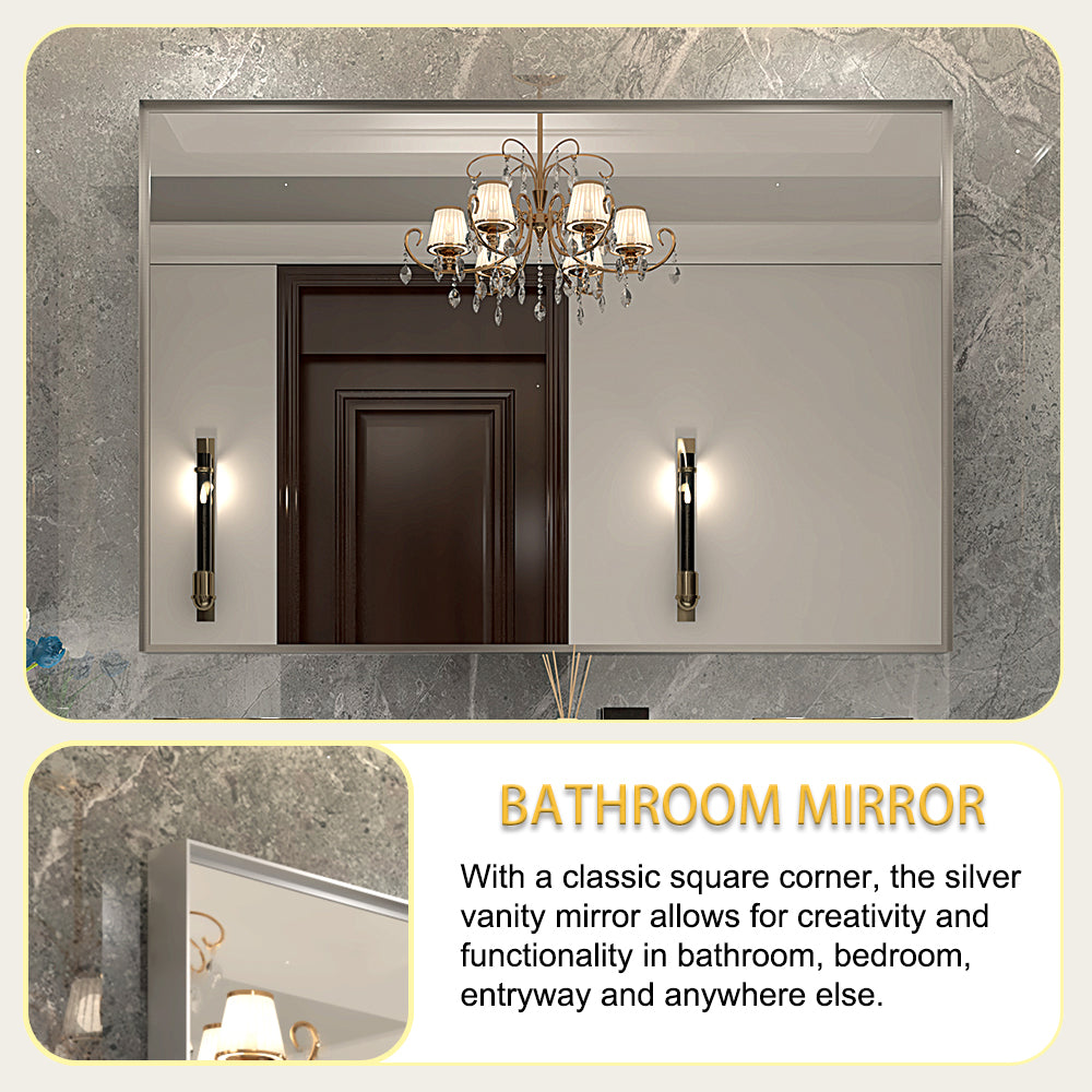 40X30Inch Silver Rectangular Wall Mounted Beveled Bathroom Mirror,Square Angle Metal Frame Wall Mounted Bathroom Mirrors For Wall Horizontal & Vertical Silver Classic,Modern Glass Aluminium Alloy