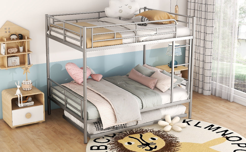 Full Over Full Metal Bunk Bed With Trundle, Silver Silver Iron