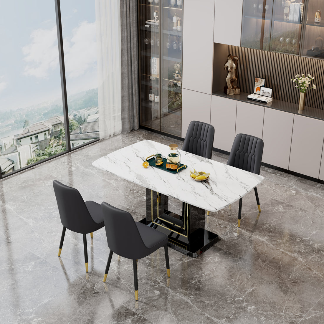 Table And Chair Set, 1 Table With 4 Black Pu Chairs. White Imitation Marble Pattern Desktop. Black Mdf Table Legs, Gold Lines, Black Base. F Sq C 007 White Mdf Glass