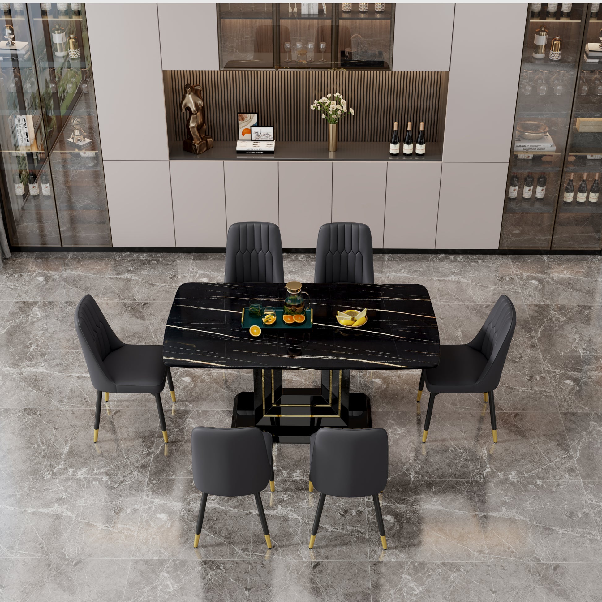 1 Table And 6 Black Chairs. The Table Features A Black Imitation Marble Pattern Desktop And Black Gold Mdf Legs. Pair With 6 Black Pu Chairs. F Sq C 007 Black Gold Mdf Glass