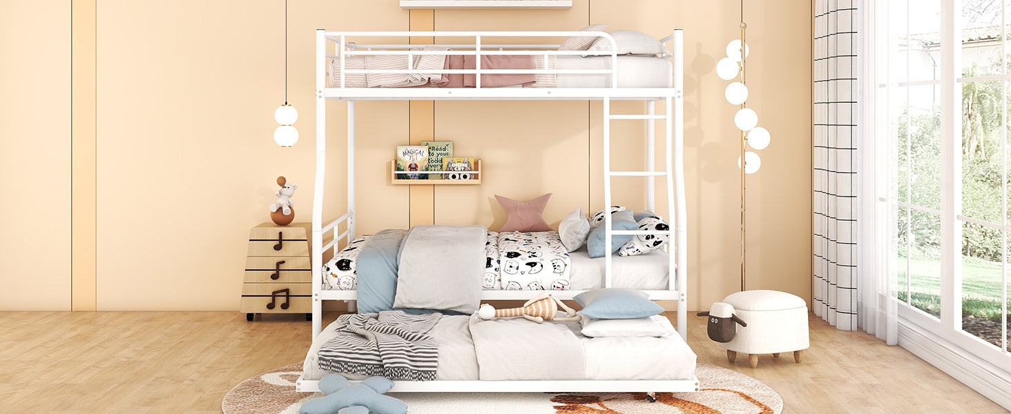 Full Xl Over Queen Metal Bunk Bed With Trundle, White Full Xl White Iron