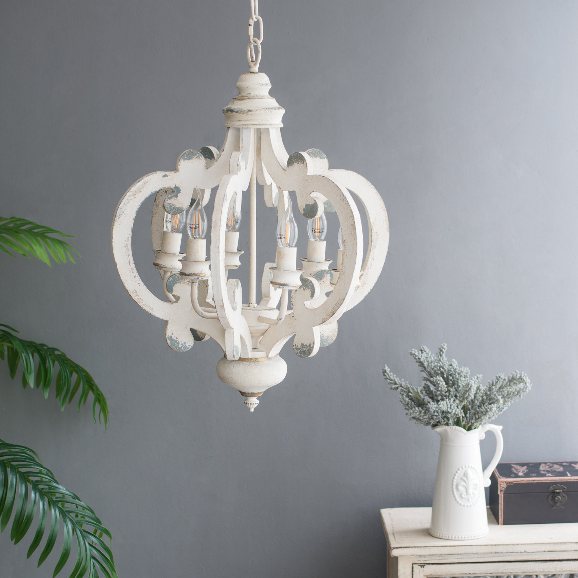 French Country Wood Chandelier, 6 Light Farmhouse beige-mdf+metal