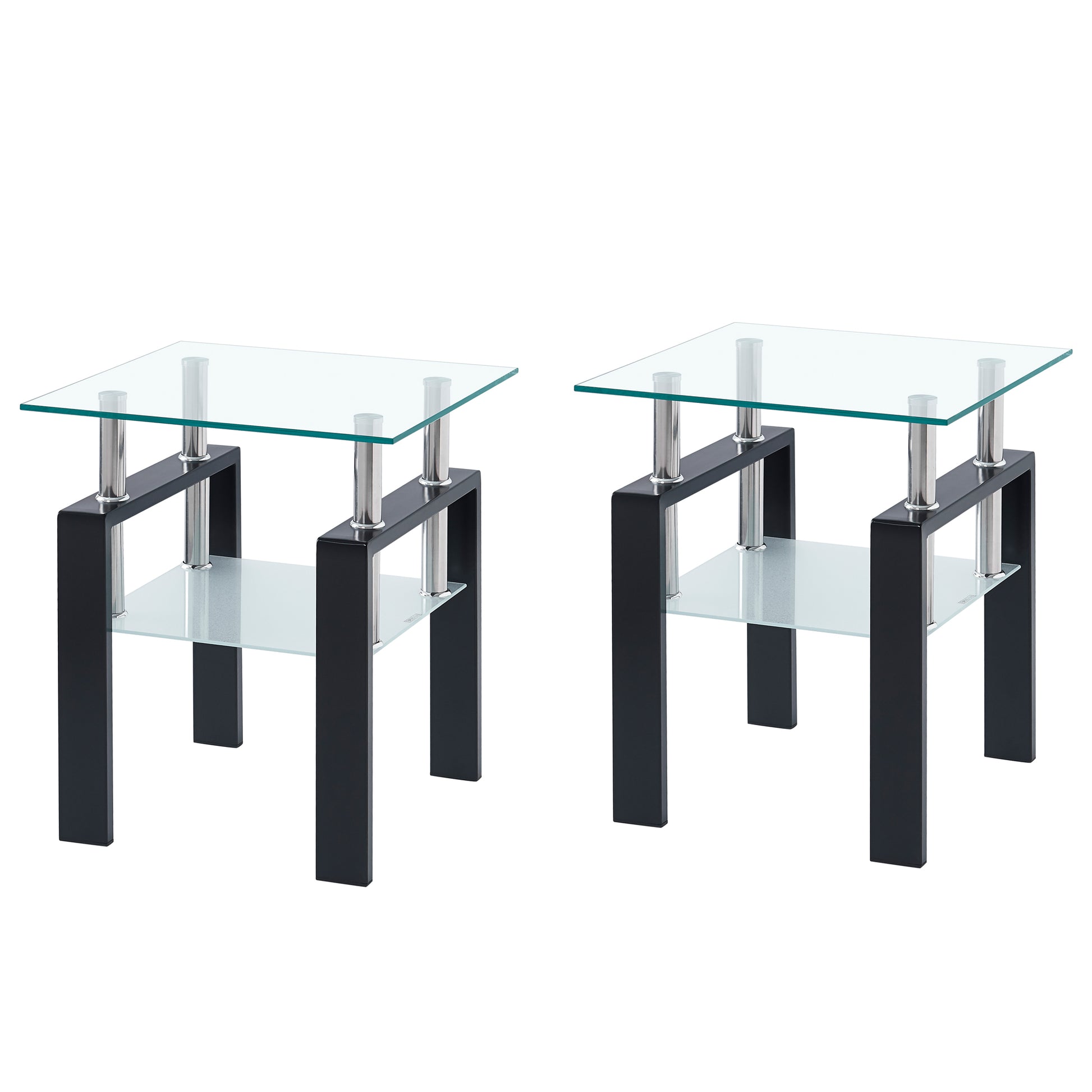 Tempered Transparent Glass End Table, 2 Layers Small Table With Storage, Living Room Side Table Clear Tempered Glass