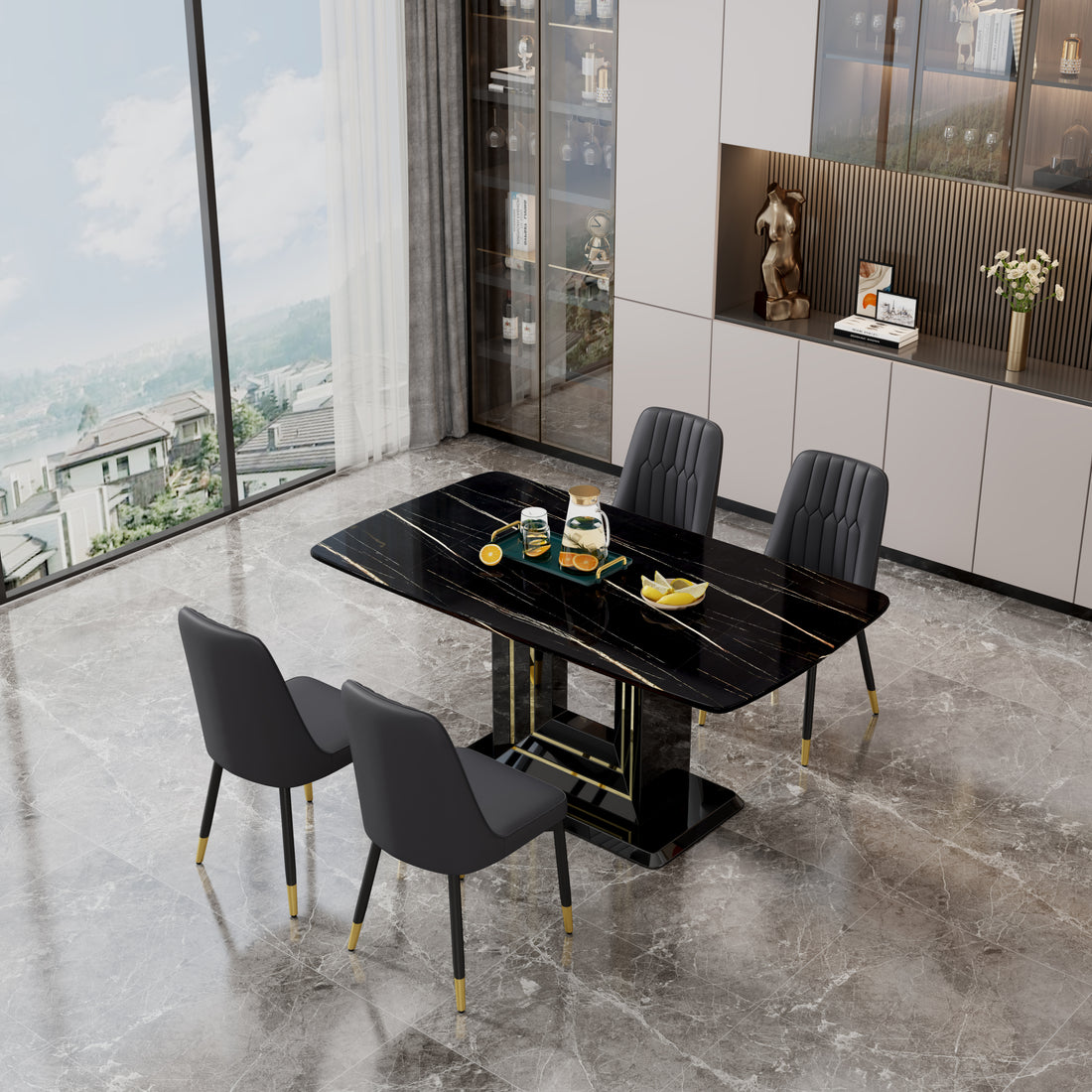 1 Table And 4 Black Chairs. The Table Features A Black Imitation Marble Pattern Desktop And Black Gold Mdf Legs. Pair With 4 Black Pu Chairs. F Sq C 007 Black Gold Mdf Glass