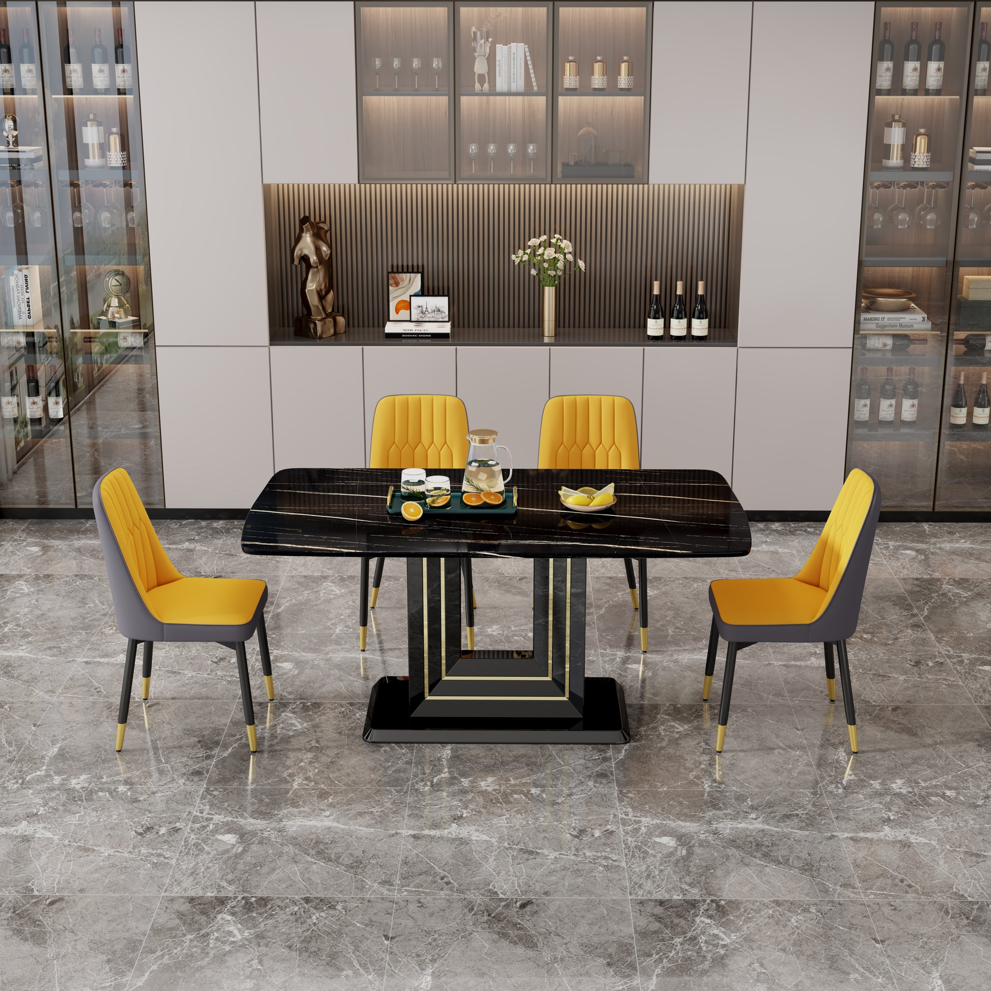 Table And Chair Set, 1 Table, 4 Pu Chairs. Black Imitation Marble Pattern Desktop. Black Mdf Table Legs. Chair With Orange Dark Gray Dual Tone Pu Leather Backrest And Black Metal Legs F Sq C 007 Black Mdf Glass
