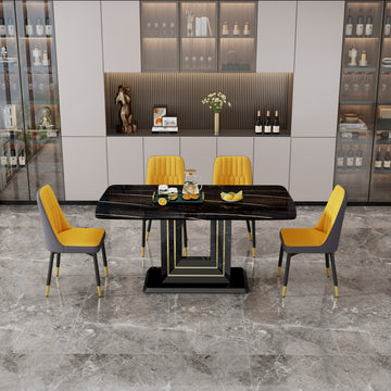 Table And Chair Set, 1 Table, 4 Pu Chairs. Black Imitation Marble Pattern Desktop. Black Mdf Table Legs. Chair With Orange Dark Gray Dual Tone Pu Leather Backrest And Black Metal Legs F Sq C 007 Black Mdf Glass