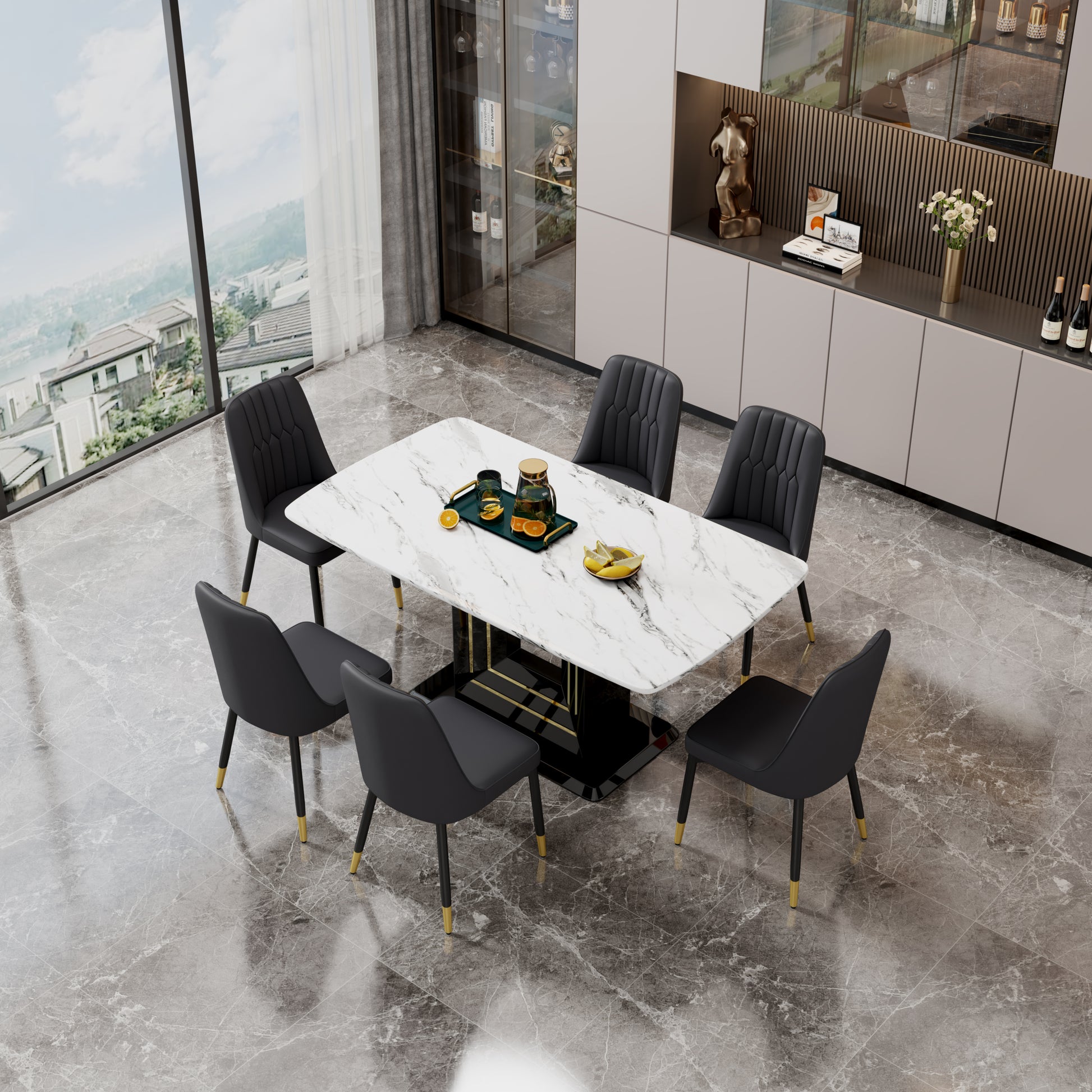 Table And Chair Set, 1 Table With 6 Black Pu Chairs. White Imitation Marble Pattern Desktop. Black Mdf Table Legs, Gold Lines, Black Base. F Sq C 007 White Mdf Glass