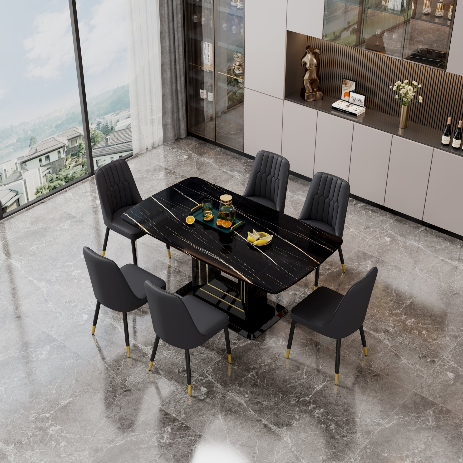 1 Table And 6 Black Chairs. The Table Features A Black Imitation Marble Pattern Desktop And Black Gold Mdf Legs. Pair With 6 Black Pu Chairs. F Sq C 007 Black Gold Mdf Glass