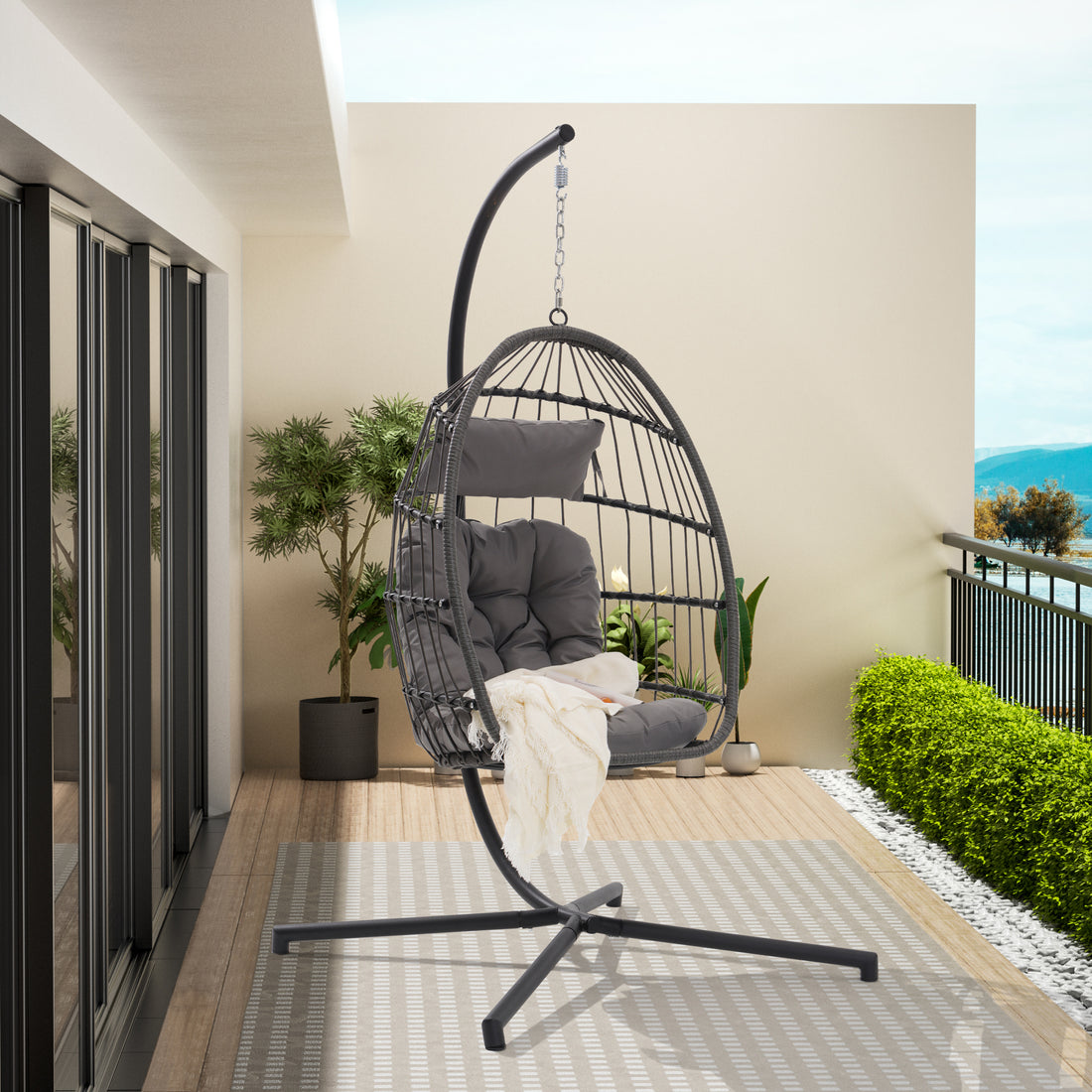 Outdoor Garden Rattan Egg Swing Chair Hanging Chair Light Gray Cushion Yes Complete Patio Set Light Gray Rust Resistant Frame Water Resistant Cushion Garden & Outdoor American Design Complete Patio Sets Rattan