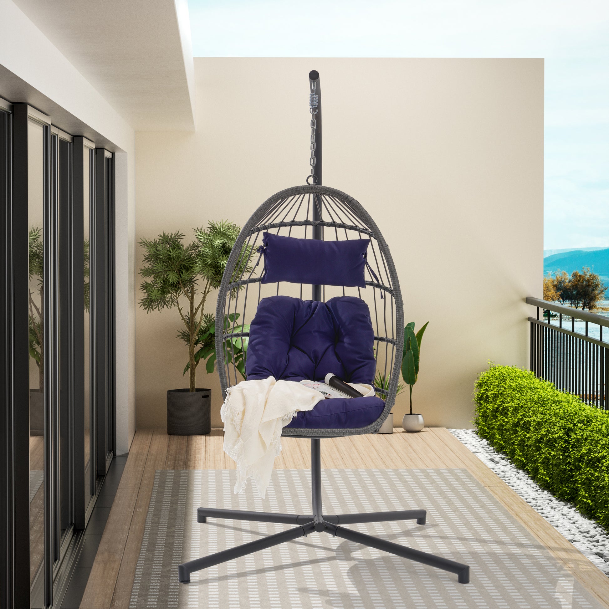 Outdoor Garden Rattan Egg Swing Chair Hanging Chair Dark Blue Cushion Yes Complete Patio Set Dark Blue Rust Resistant Frame Garden & Outdoor Water Resistant Cushion American Design Complete Patio Sets Rattan