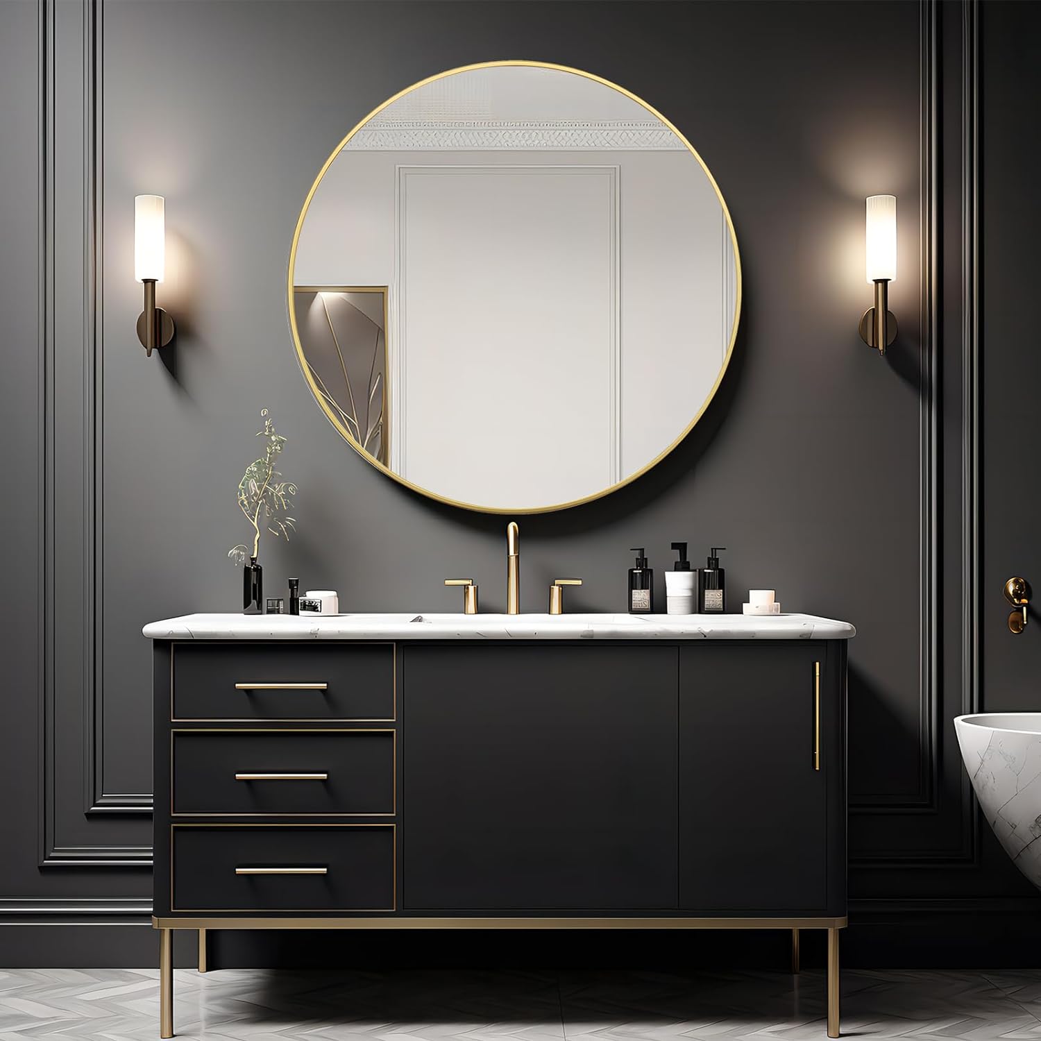 Gold 42 Inch Metal Round Bathroom Mirror Gold Classic Mdf Glass Aluminium Alloy