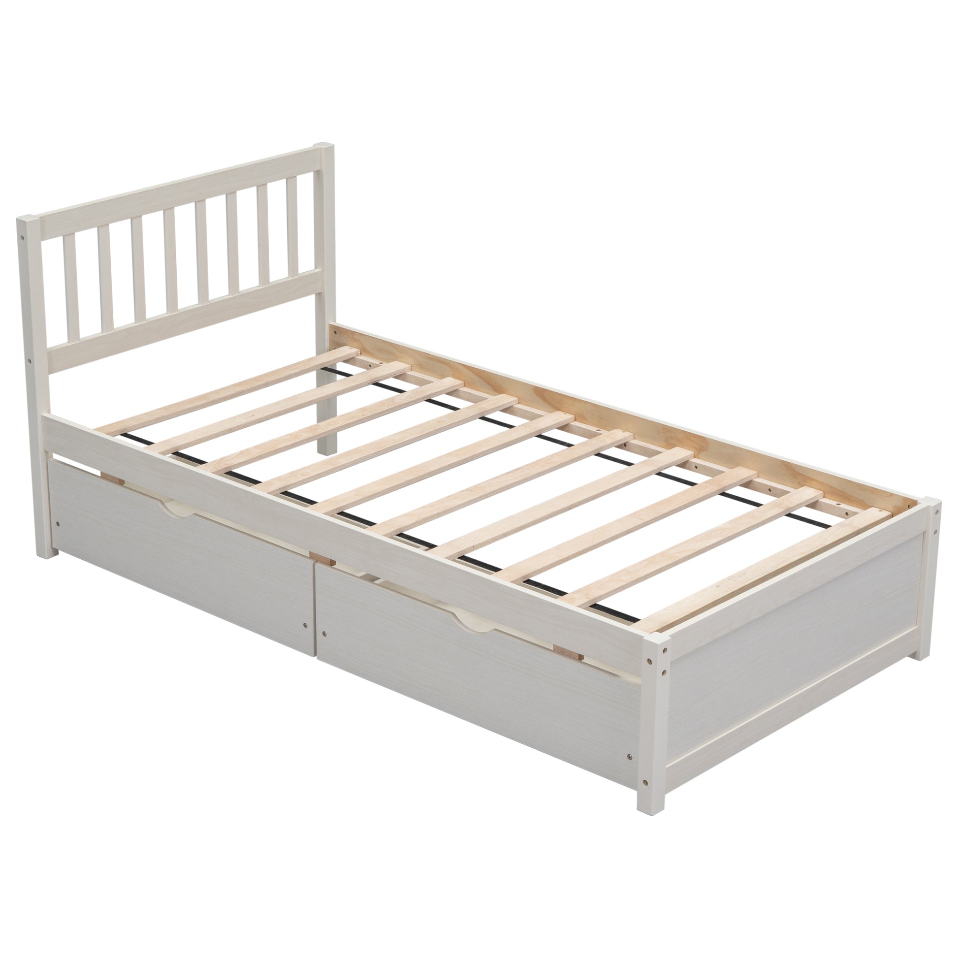 Modern Design Wooden Twin Size Platform Bed With 2 Drawers For White Washed Color White Washed Rubber Wood