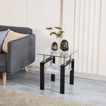 Tempered Transparent Glass End Table, 2 Layers Small Table With Storage, Living Room Side Table Clear Tempered Glass