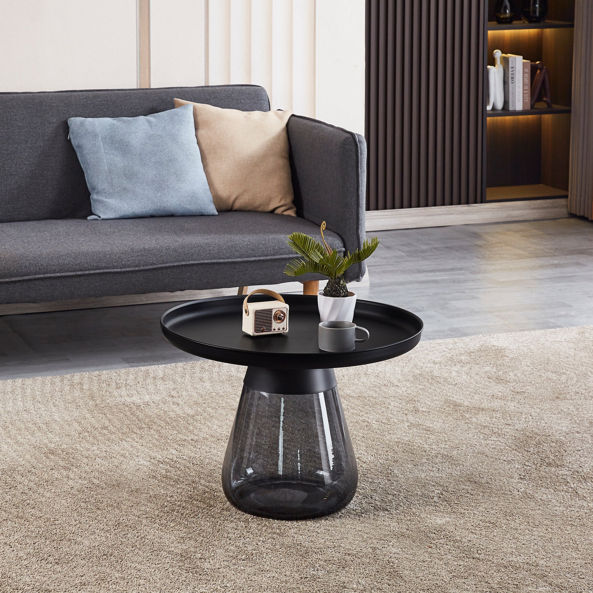 Smoke Glass Base With Black Painting Top Coffee Table, Living Room Center Table Smoke Glass