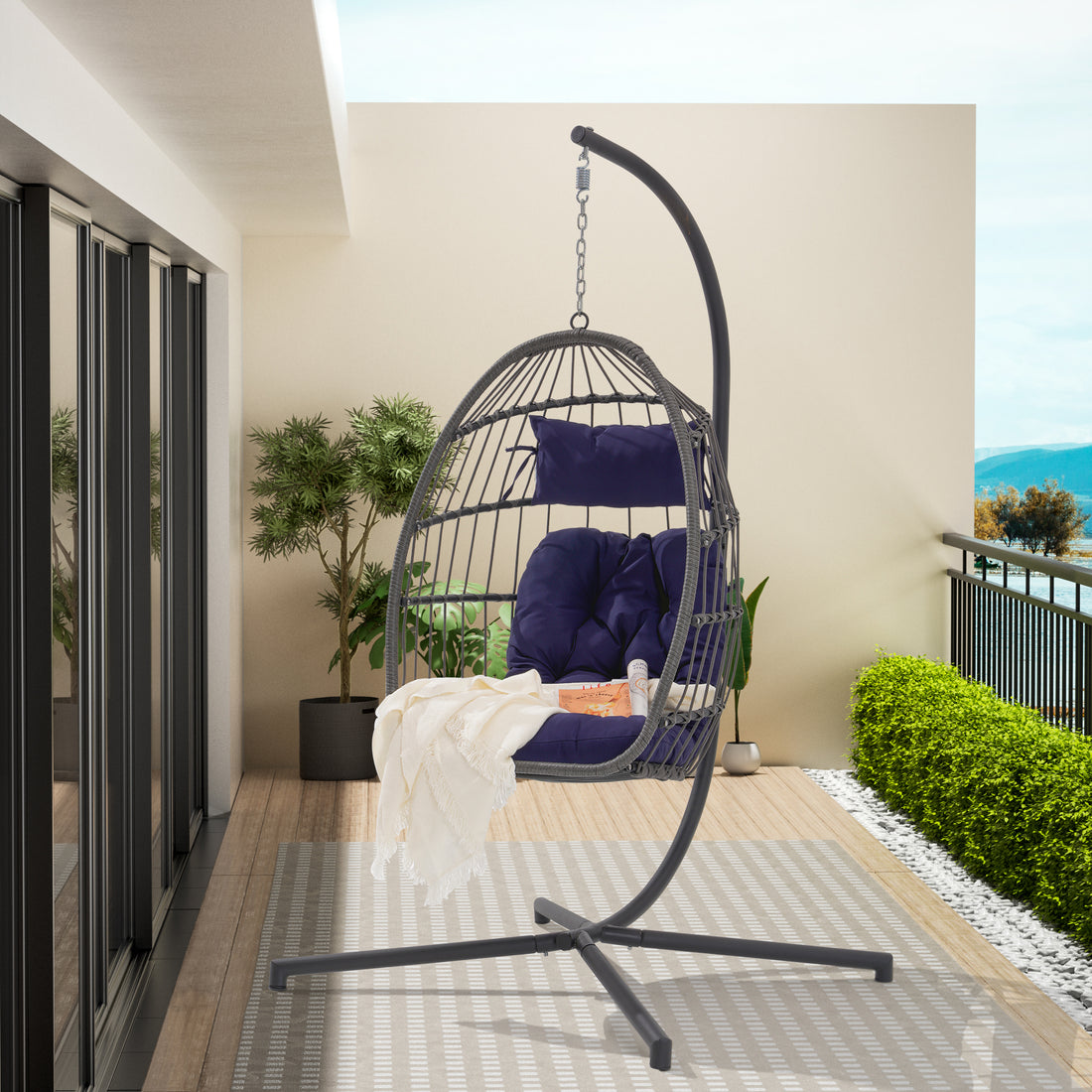 Outdoor Garden Rattan Egg Swing Chair Hanging Chair Dark Blue Cushion Yes Complete Patio Set Dark Blue Rust Resistant Frame Garden & Outdoor Water Resistant Cushion American Design Complete Patio Sets Rattan