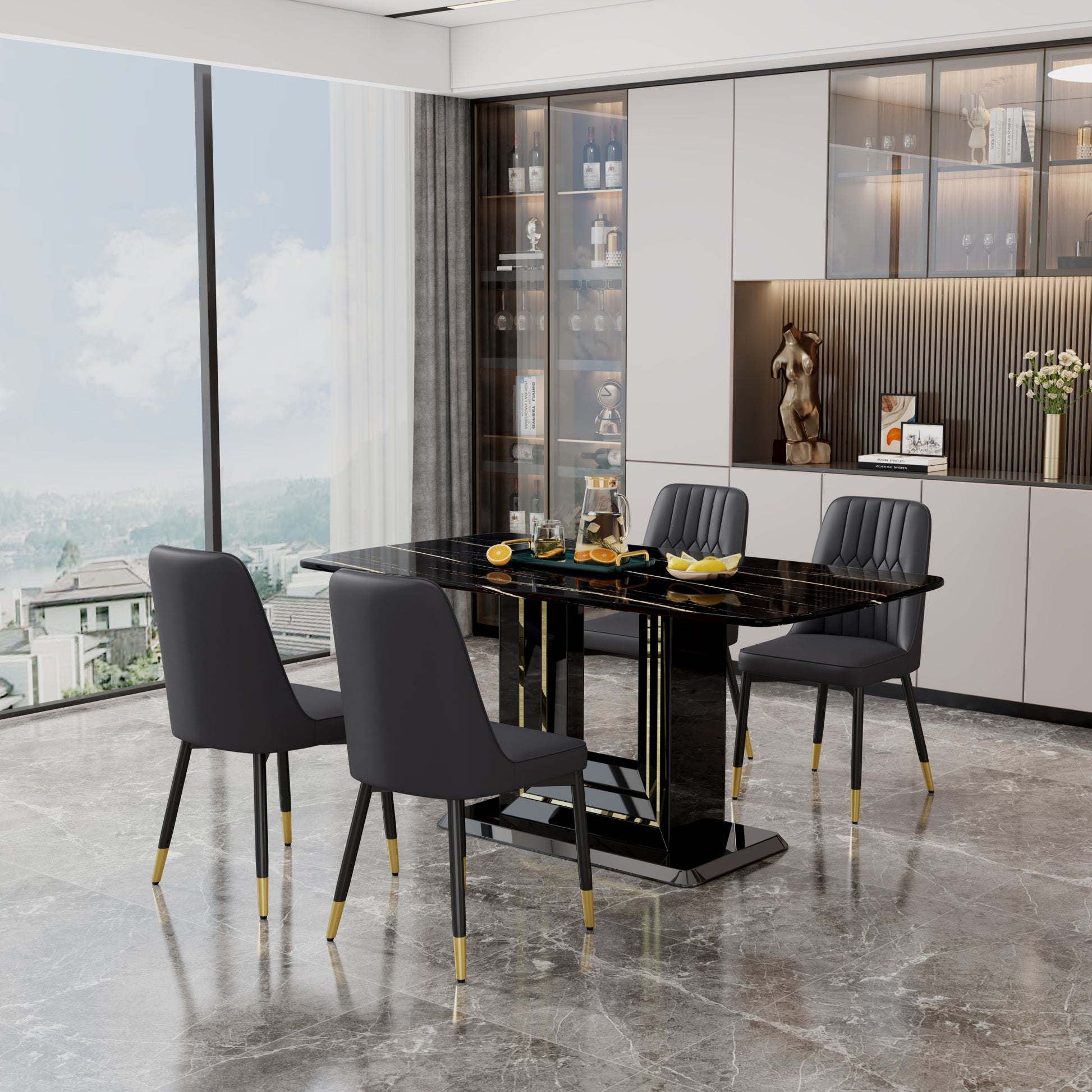 1 Table And 4 Black Chairs. The Table Features A Black Imitation Marble Pattern Desktop And Black Gold Mdf Legs. Pair With 4 Black Pu Chairs. F Sq C 007 Black Gold Mdf Glass