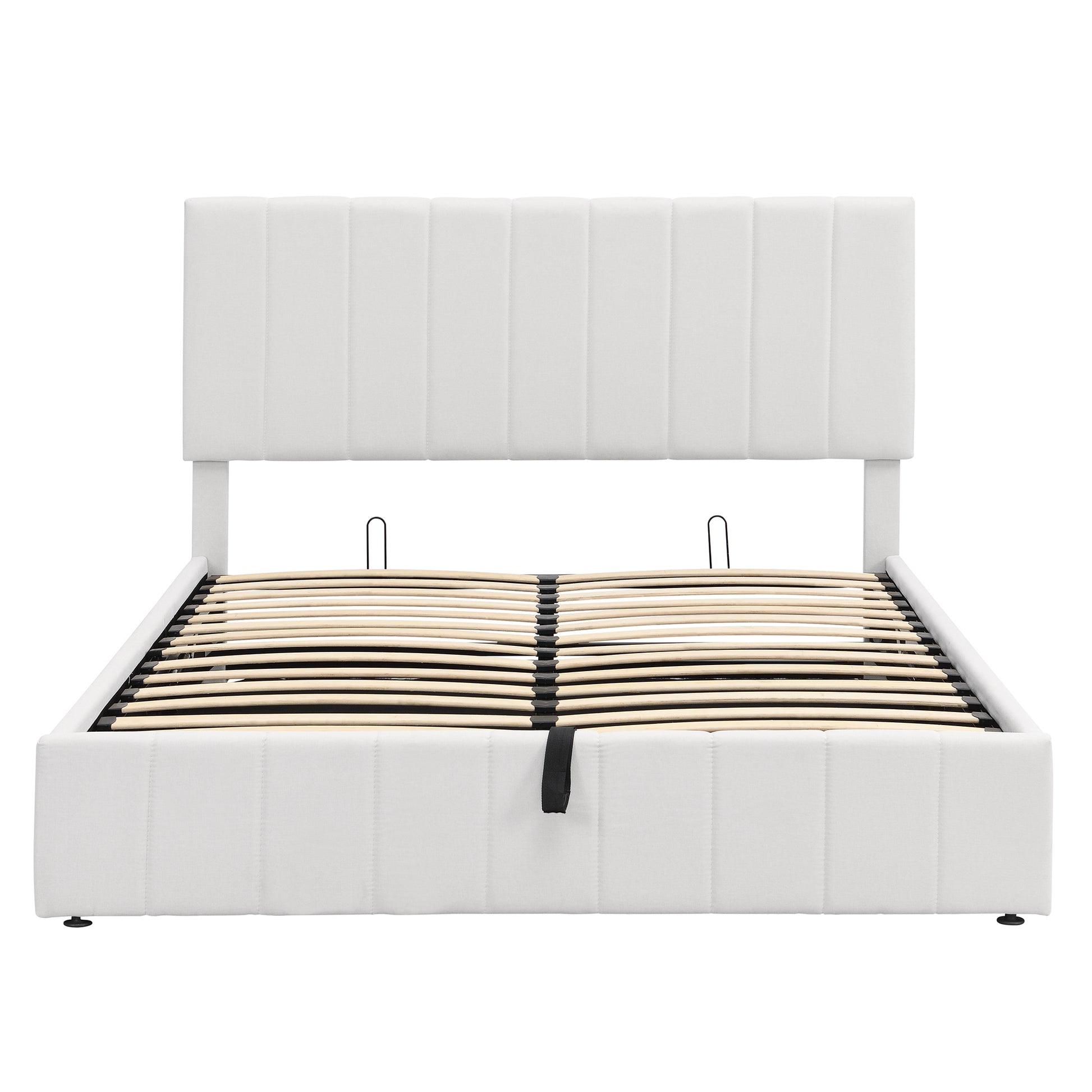 Queen Size Upholstered Platform Bed With A Hydraulic Storage System White White Upholstered