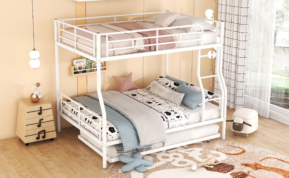 Full Xl Over Queen Metal Bunk Bed With Trundle, White Full Xl White Iron