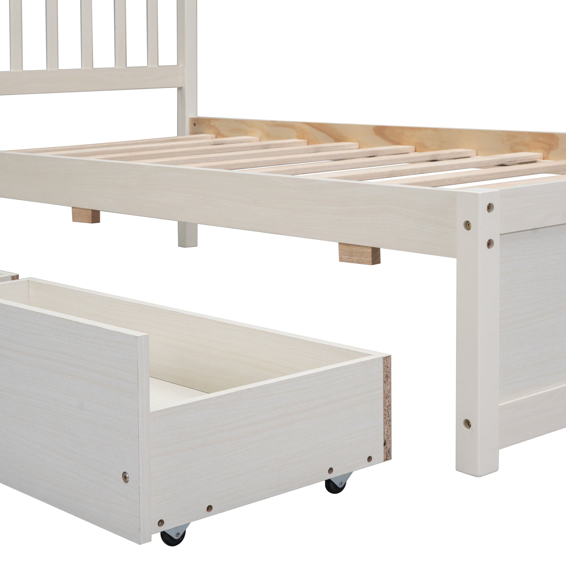 Modern Design Wooden Twin Size Platform Bed With 2 Drawers For White Washed Color White Washed Rubber Wood