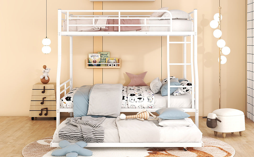 Full Xl Over Queen Metal Bunk Bed With Trundle, White Full Xl White Iron