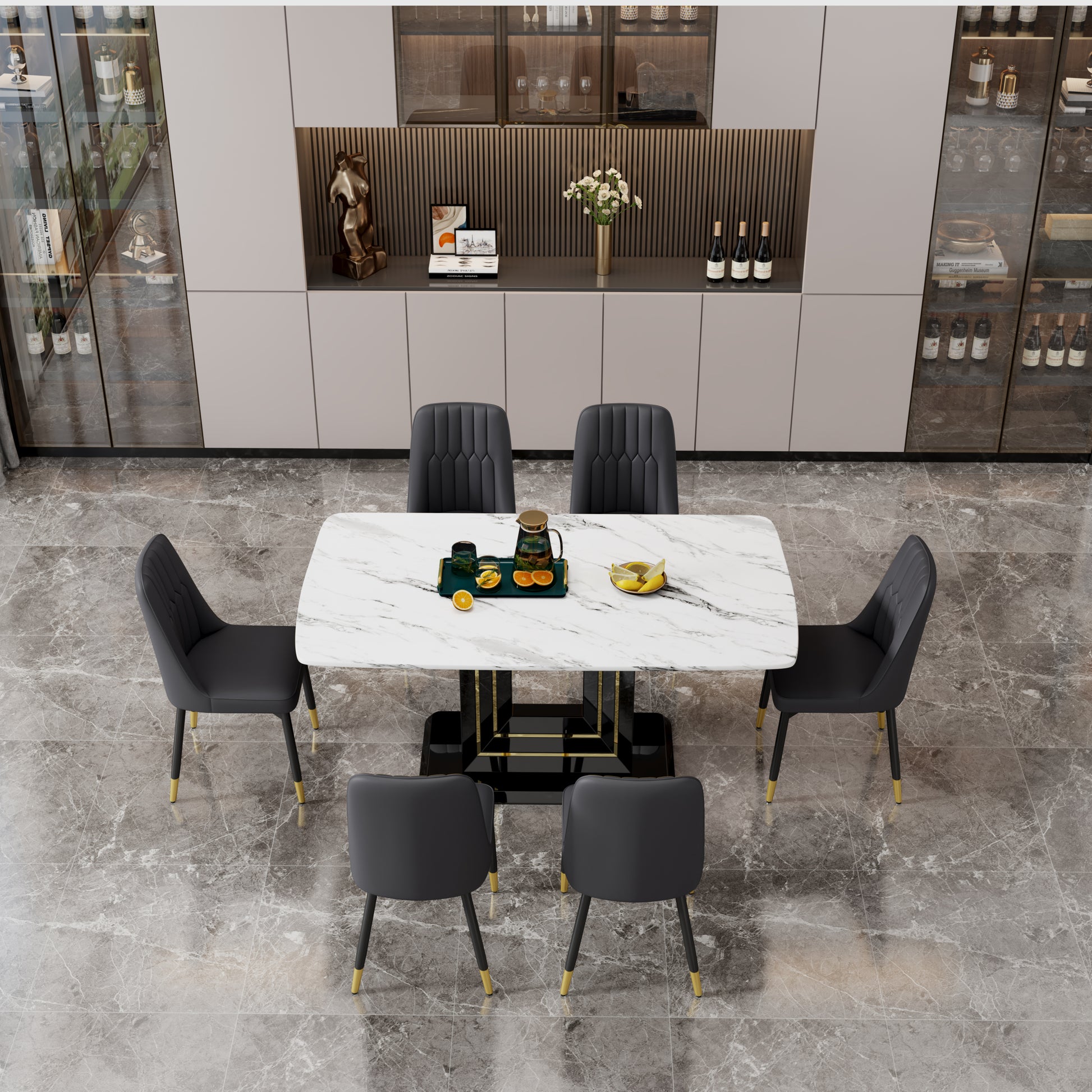 Table And Chair Set, 1 Table With 6 Black Pu Chairs. White Imitation Marble Pattern Desktop. Black Mdf Table Legs, Gold Lines, Black Base. F Sq C 007 White Mdf Glass