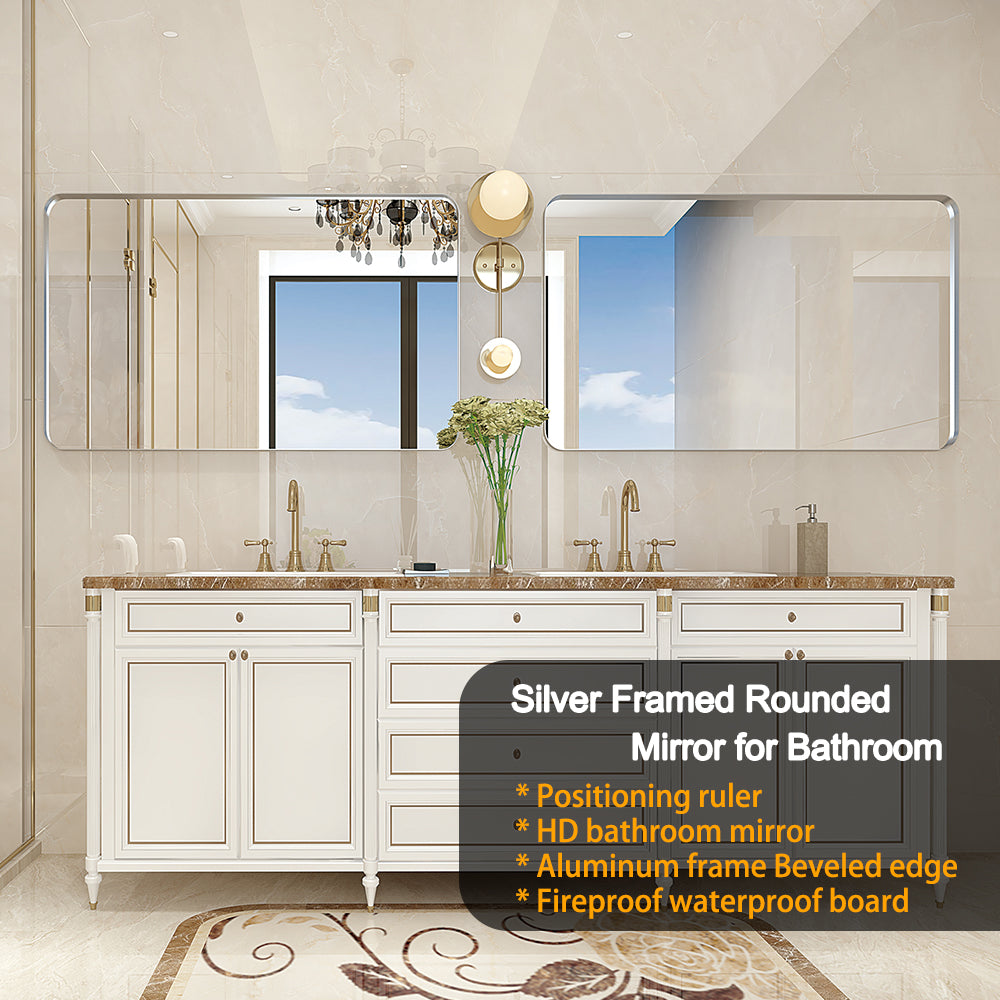 30X20Inch Glossy Brushed Silver Rounded Corner Rectangle Bathroom Mirror For Wall Metal Frame Deep Set Design Hangs Wall Mounted Bathroom Mirror Horizontal & Vertical Silver Classic,Modern Aluminium Alloy