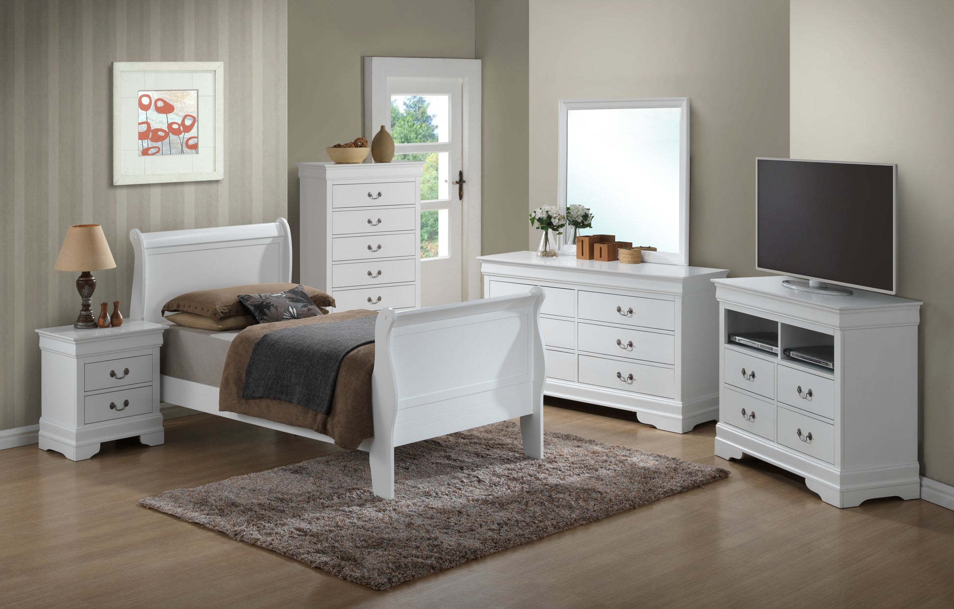 Charming Traditional Twin Bed In Pristine White White Particle Board