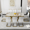 A Modern Minimalist Rectangular Dining Table With A 0.39 Inch Imitation Marble Patterned Glass Tabletop And Gold Plated Metal Legs,For Kitchen Dining Living Meeting Room Banquet Hall,1538 White Glass