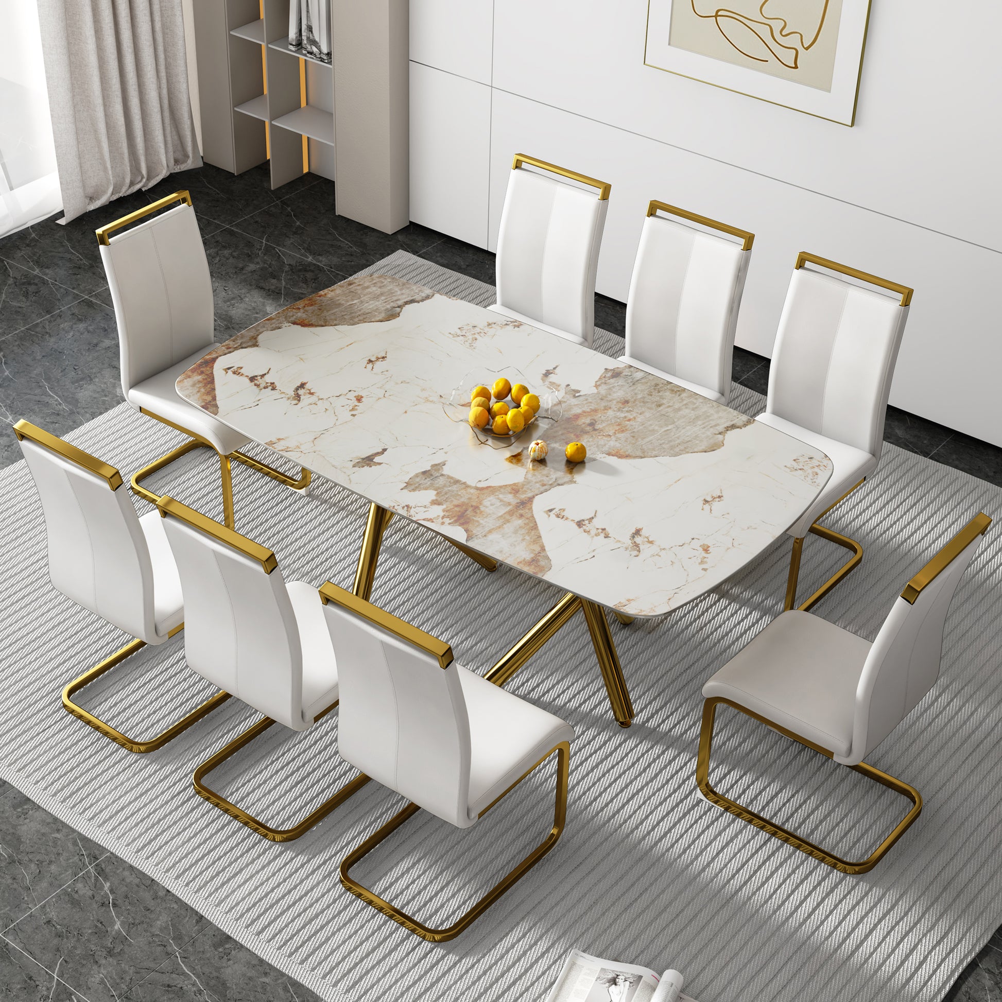 A Modern Minimalist Rectangular Dining Table With A 0.39 Inch Imitation Marble Patterned Glass Tabletop And Gold Plated Metal Legs,For Kitchen Dining Living Meeting Room Banquet Hall,1538 White Glass