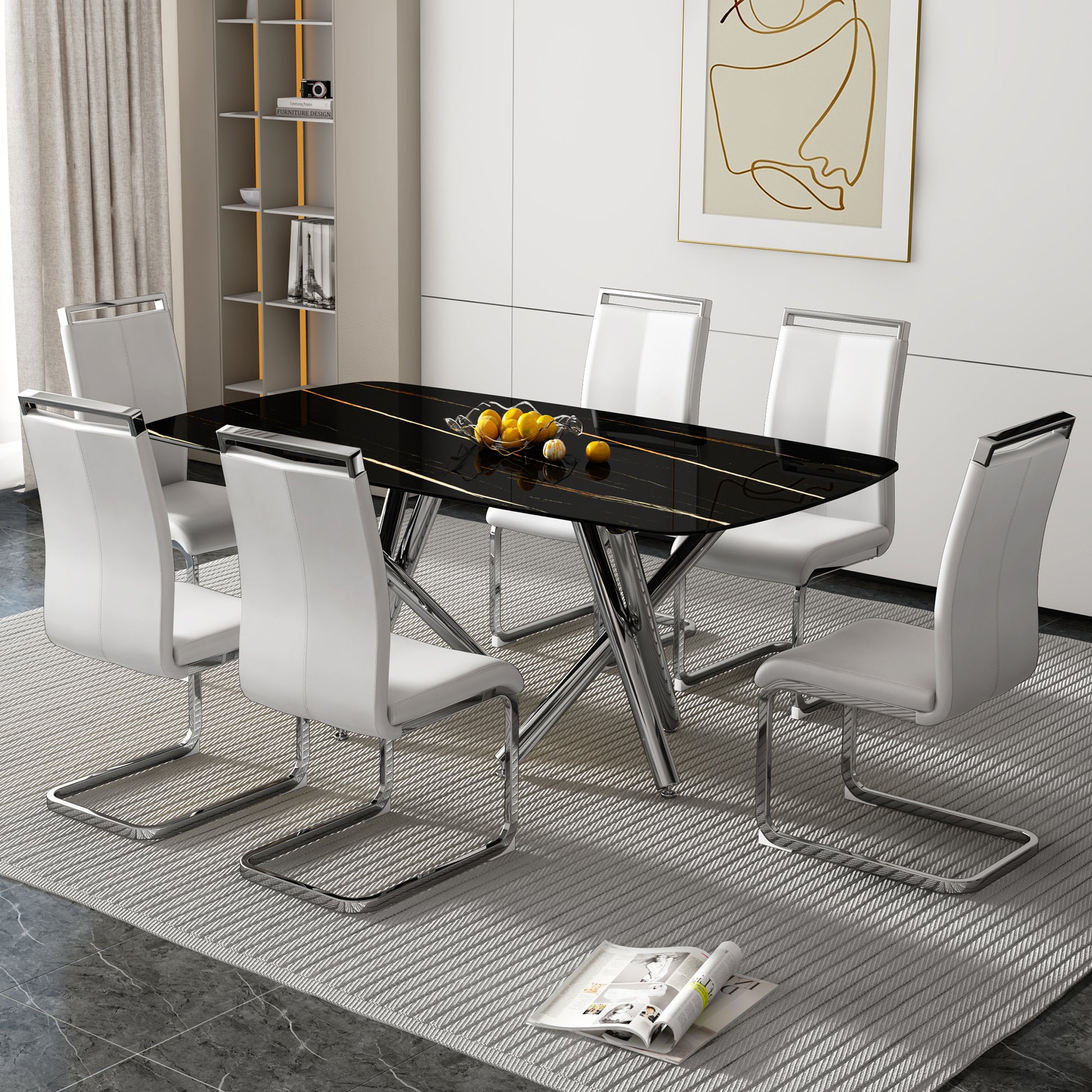 Large Modern Minimalist Rectangular Dining Table With 0.39 "Imitation Marble Black Tabletop And Silver Metal Legs, Suitable For Kitchens, Living Rooms, Conference Rooms, And Banquet Halls 1538 Black Glass