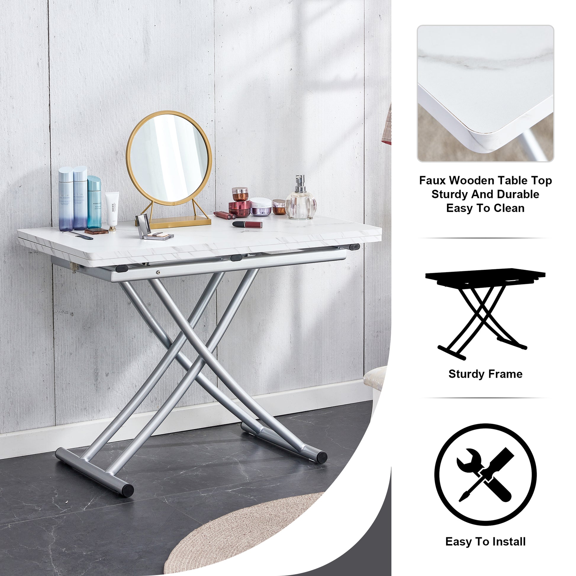 Modern Minimalist Multifunctional Lift Table With 0.8 Inch Mdf Desktop And Silver Metal Legs, Can Be Used As A Dressing Table, Coffee Table, Dining Table, And Office Table White Metal