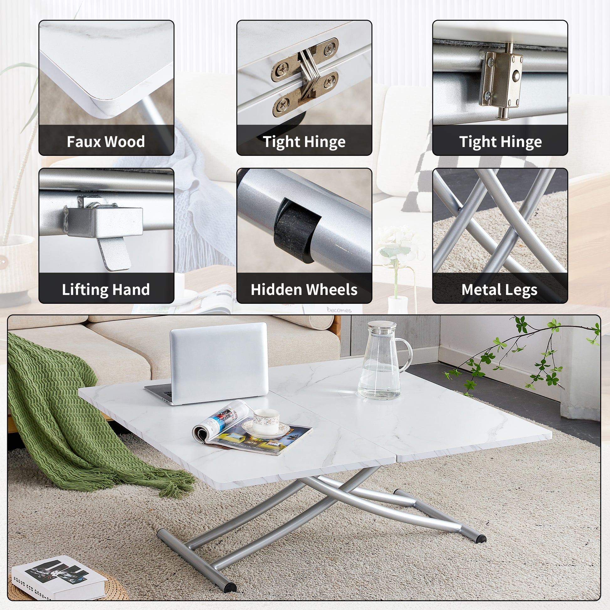 Modern Minimalist Multifunctional Lift Table With 0.8 Inch Mdf Desktop And Silver Metal Legs, Can Be Used As A Dressing Table, Coffee Table, Dining Table, And Office Table White Metal