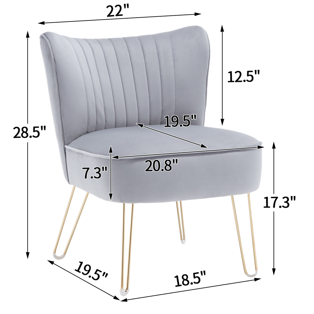Hengming Modern Velvet Chair, Armless Side Chair, Metal Leg Chair, Suitable For Living Room And Bedroom Set Of 2 Light Gray Velvet