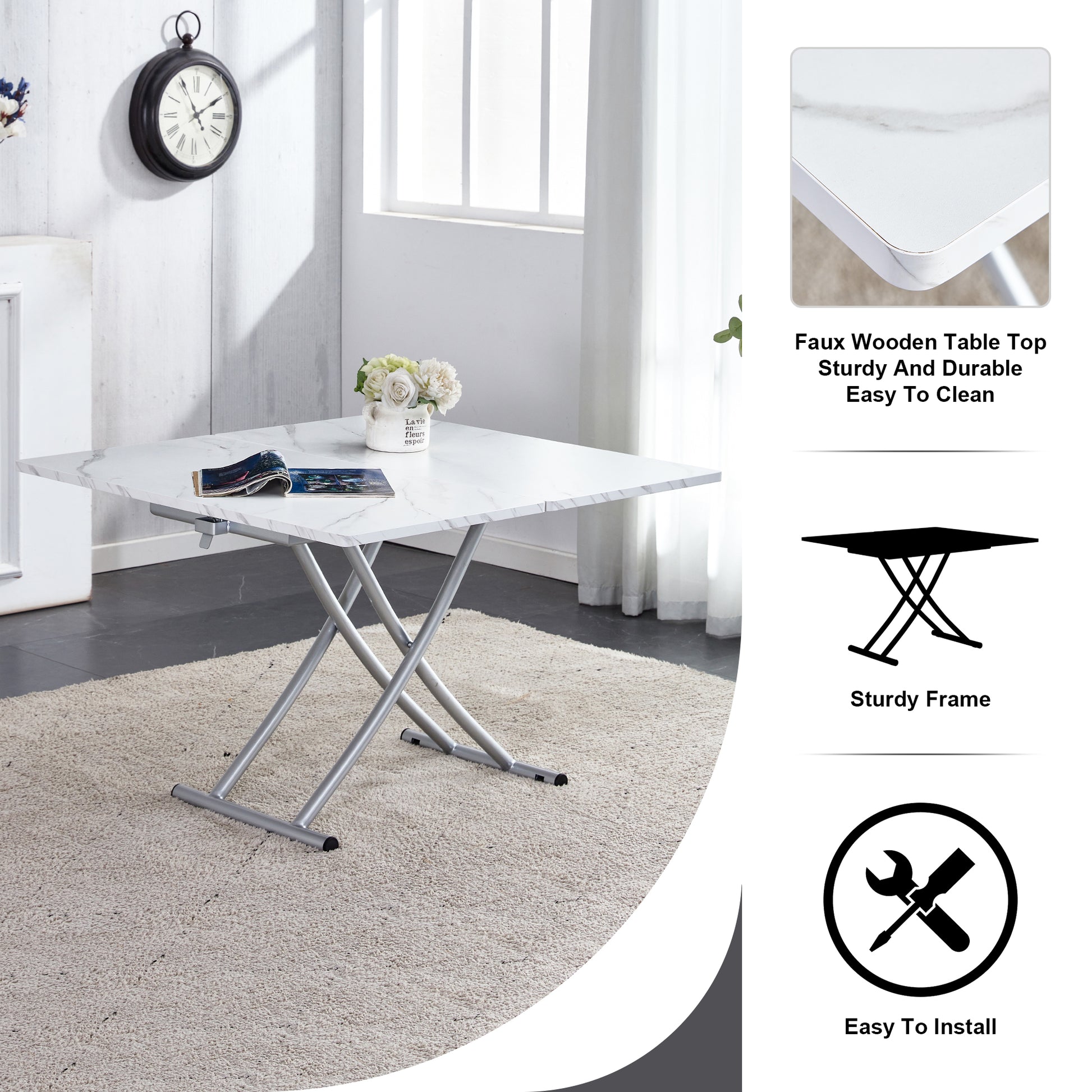 Modern Minimalist Multifunctional Lift Table With 0.8 Inch Mdf Desktop And Silver Metal Legs, Can Be Used As A Dressing Table, Coffee Table, Dining Table, And Office Table White Metal