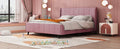 Queen Size Upholstered Platform Bed, Velvet, Pink Pink Upholstered