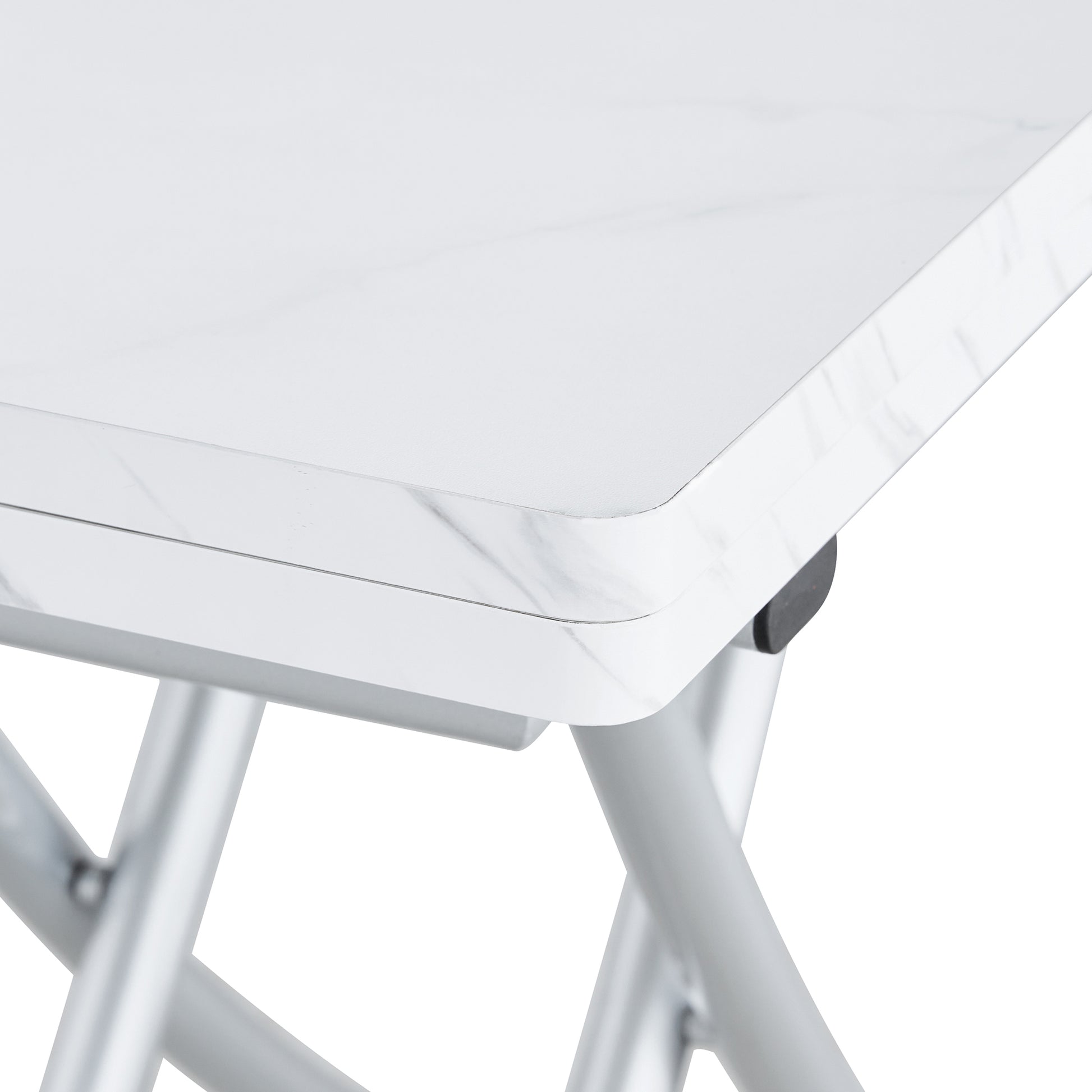 Modern Minimalist Multifunctional Lifting Platform, 0.8 Inch White Patterned Sticker Desktop, Silver Metal Legs. Paired With 4 Faux Leather Cushioned Dining Chairs With Silver Metal Legs. Ltc 001 White Metal