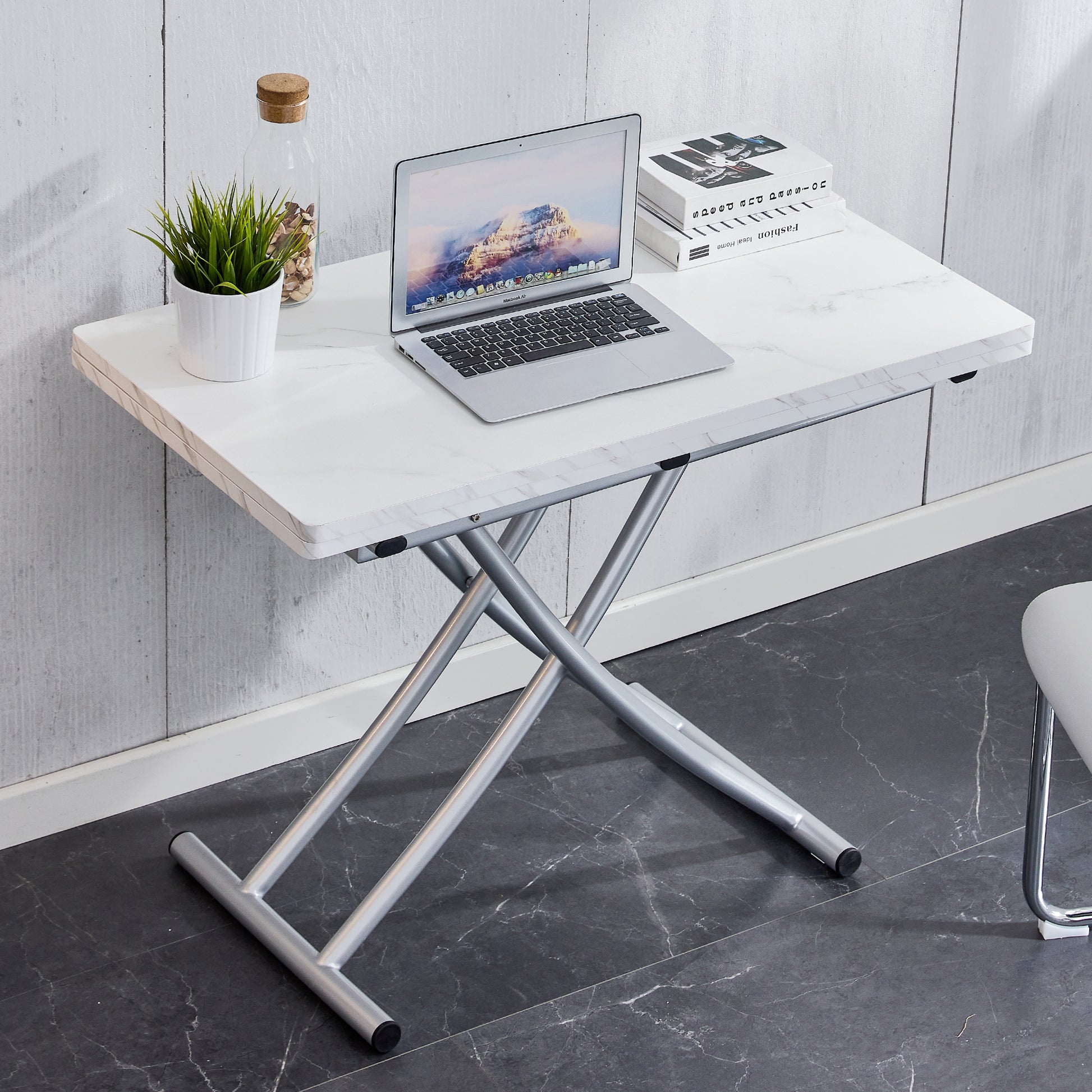 Modern Minimalist Multifunctional Lift Table With 0.8 Inch Mdf Desktop And Silver Metal Legs, Can Be Used As A Dressing Table, Coffee Table, Dining Table, And Office Table White Metal