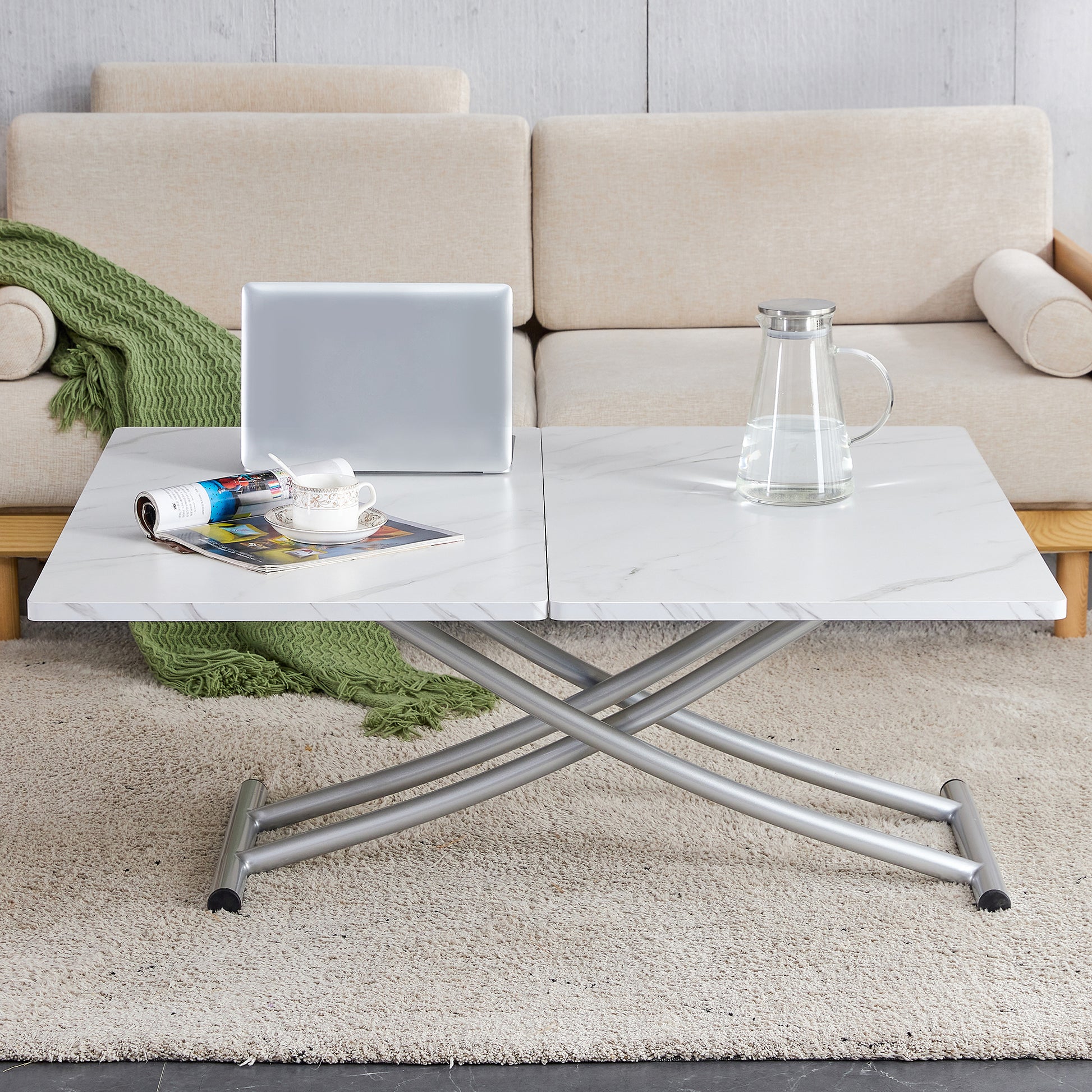 Modern Minimalist Multifunctional Lift Table With 0.8 Inch Mdf Desktop And Silver Metal Legs, Can Be Used As A Dressing Table, Coffee Table, Dining Table, And Office Table White Metal